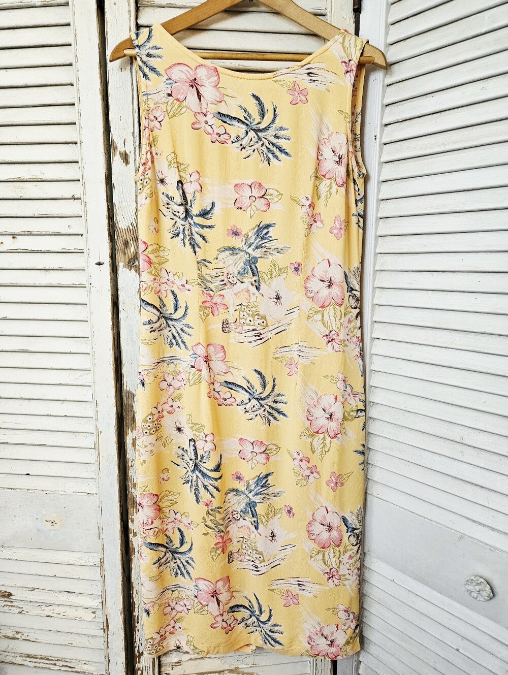 Vintage 90s Peter Dolan Butter Yellow Hawaiian Print Shift Dress Small *Flaws*